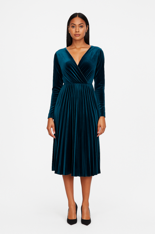 "Women's Peacock Green Velvet Western Dress – Knee-Length with Half Sleeves and V-Neckline, Soft & Elegant for Evening or Party Wear"