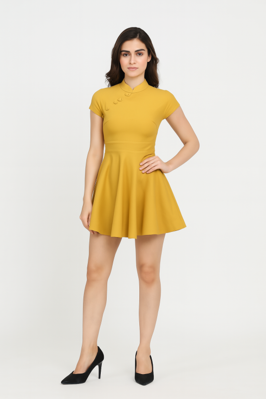 "Women's Yellow Suiting Fabric Western Umbrella Dress – Half Sleeves with Back Neckline and Standard Collar, Elegant Flared Silhouette for Formal & Casual Wear"
